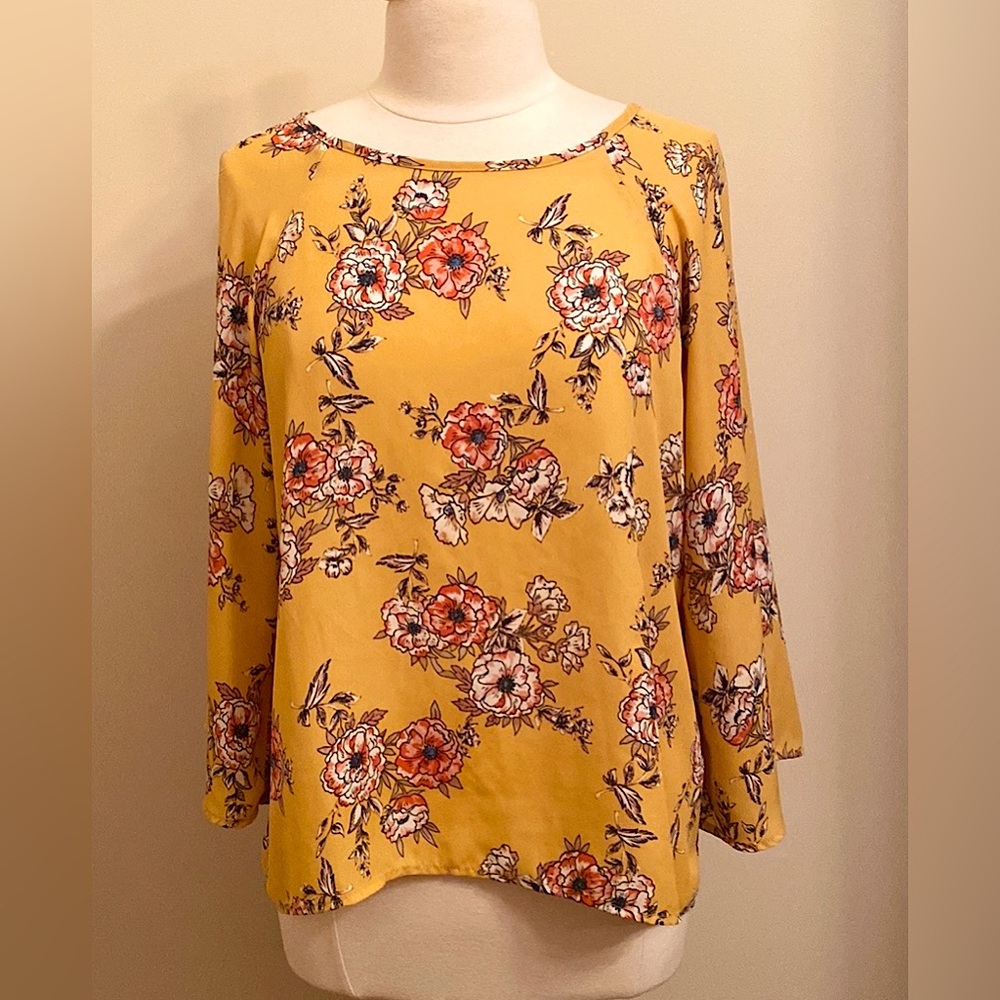 Papermoon Floral Yellow White Pink SZ L Romantic Cottagecore Vintage Flair Top
